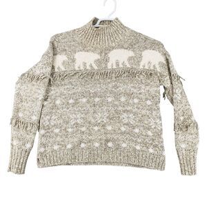 Loft Polar Bear Sweater Womens Small Knit Fringe‎ Trim Ski Turtleneck Over Sized
